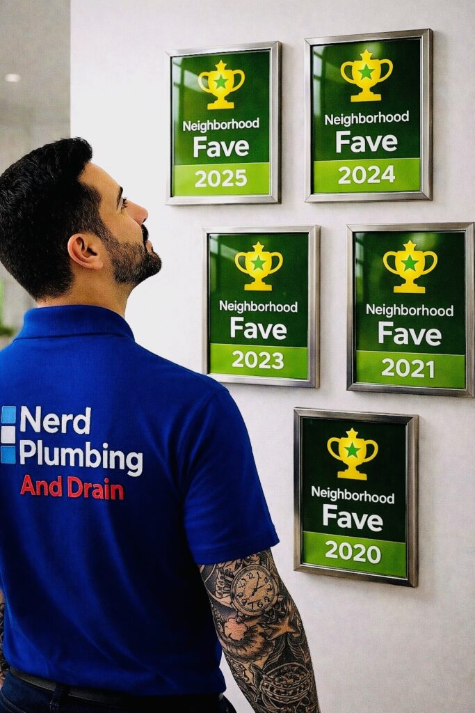 Nerd Plumbing and Drain owner viewing Neighborhood Fave awards